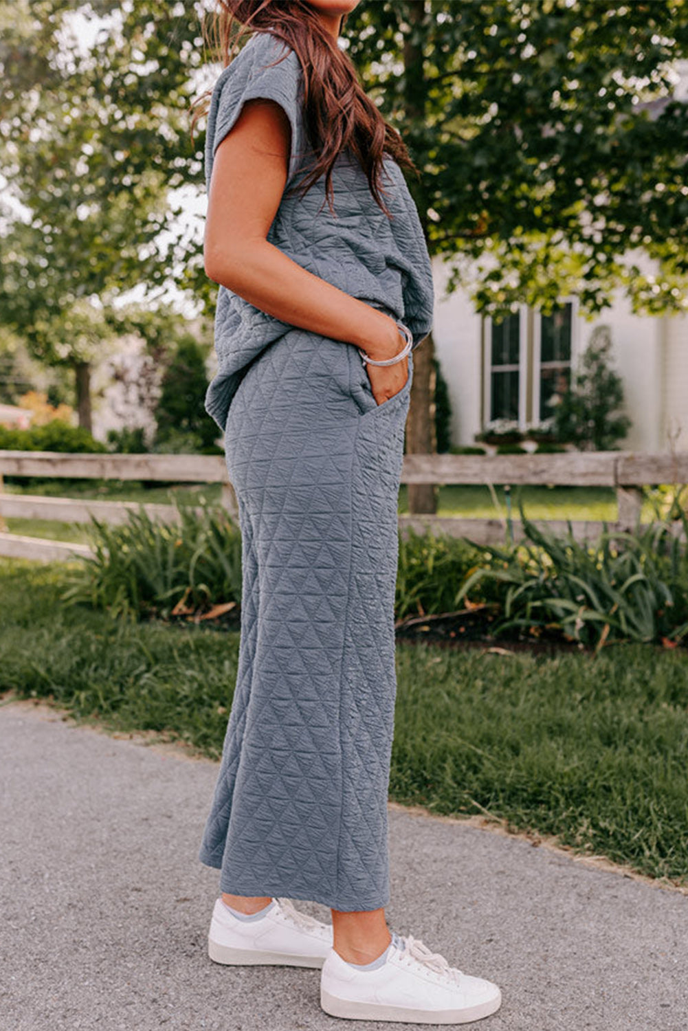 Black Quilted Short Sleeve Wide Leg Pants Set