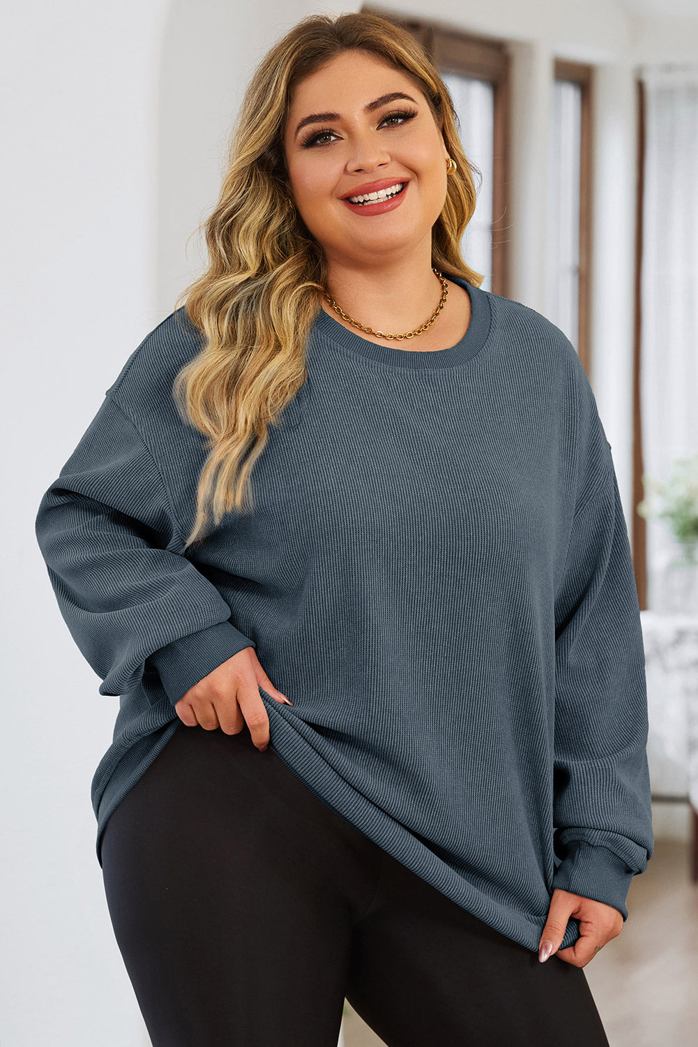 Blue Plus Size Corded Round Neck Sweatshirt