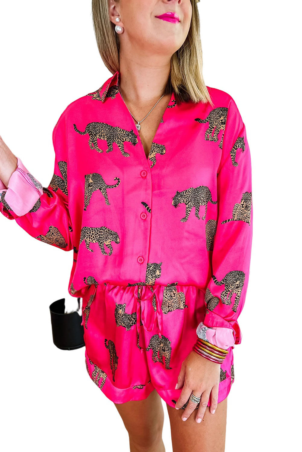 Strawberry Pink Cheetah Print Satin Shirt and Shorts Lounge Set