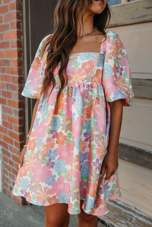 Pink Summer Floral Square Neck Puff Sleeve Babydoll Dress