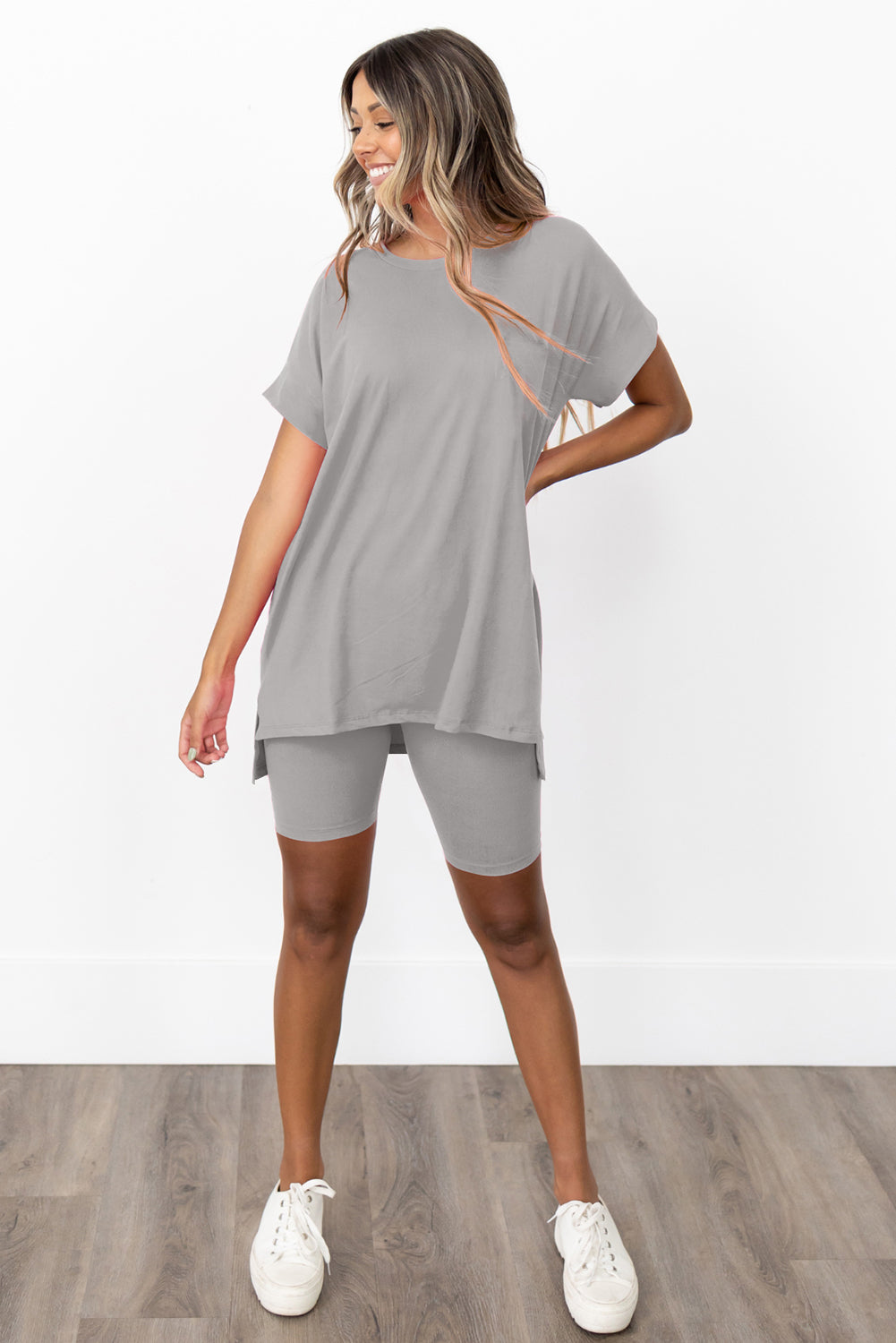 Spinach Green Solid Split Hem Tunic Tee and Tight Shorts Set