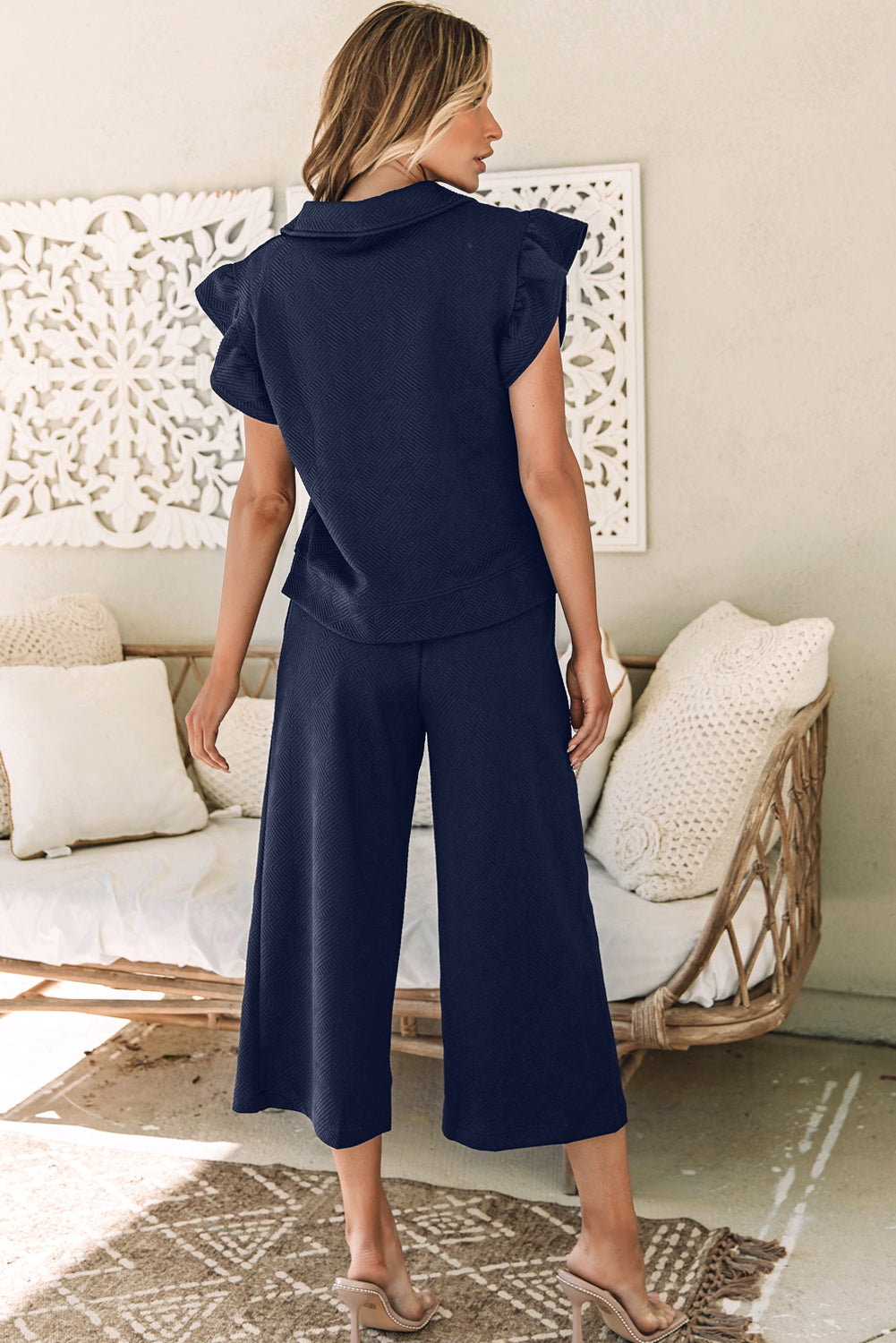 Black Textured Flutter Sleeve Top Wide Leg Pants Set