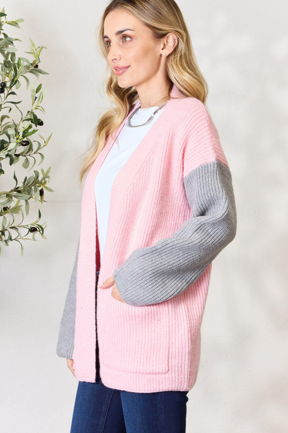 BiBi Contrast Open Front Cardigan with Pockets