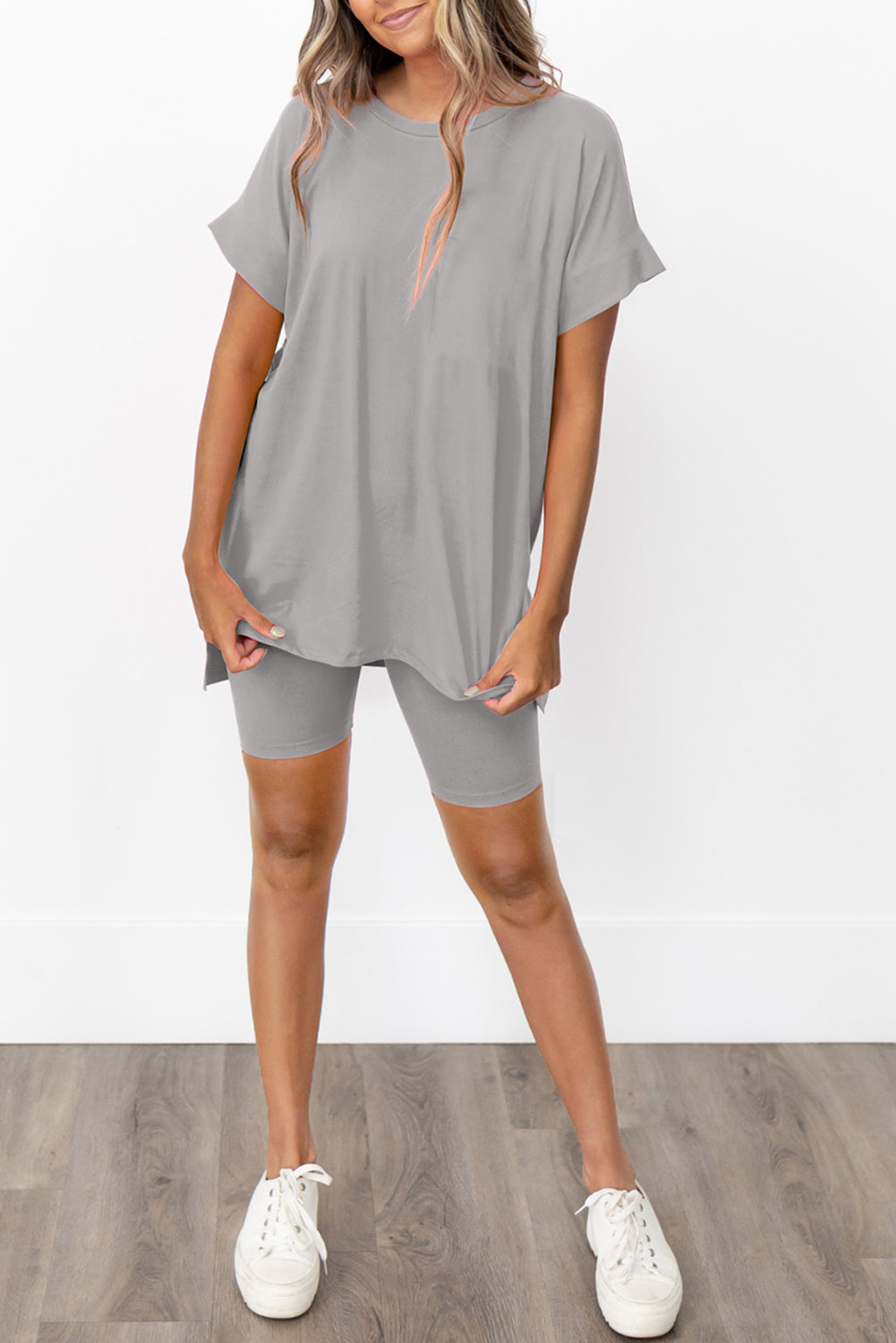 Spinach Green Solid Split Hem Tunic Tee and Tight Shorts Set