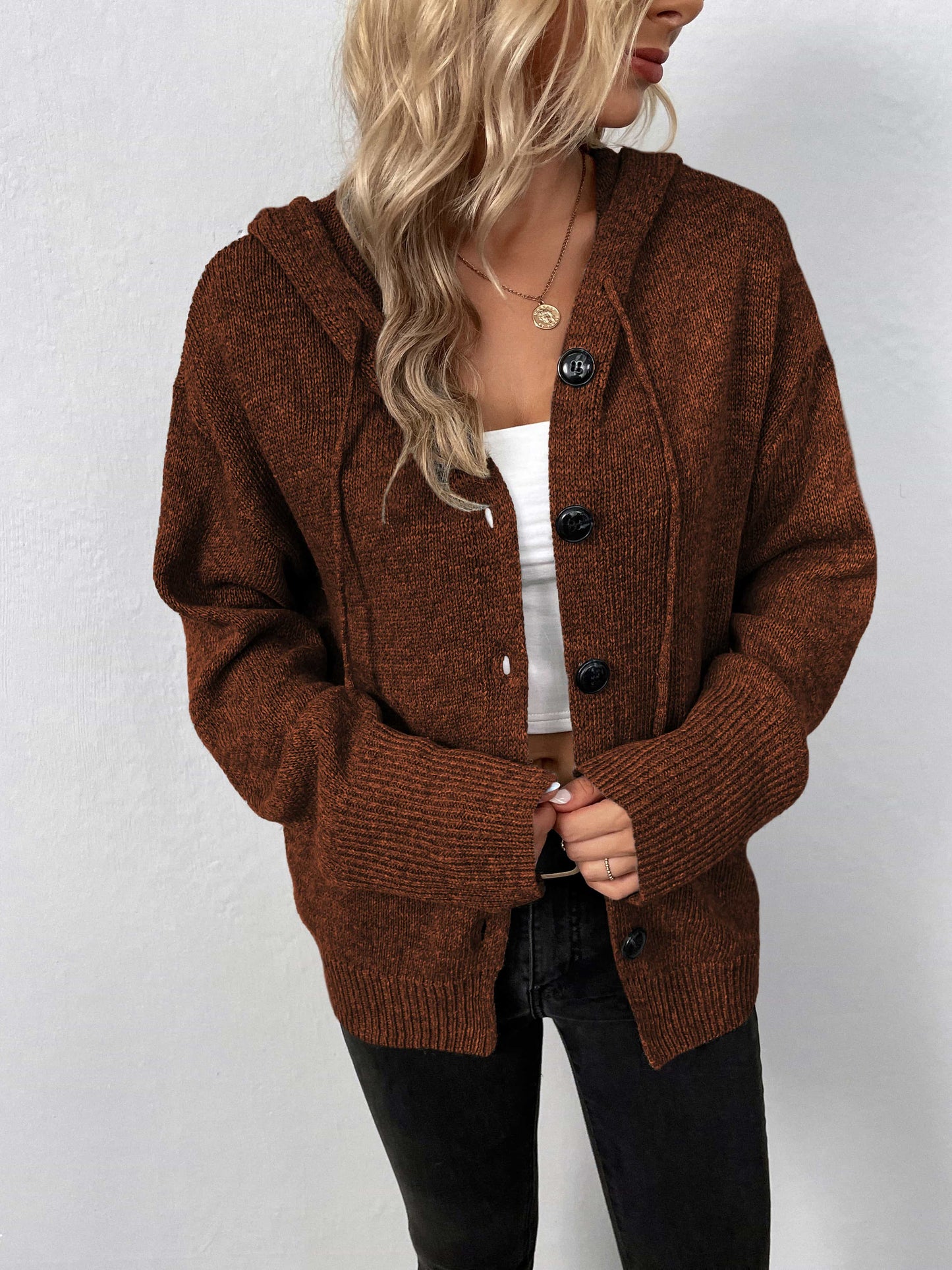 Button-Down Long Sleeve Hooded Sweater