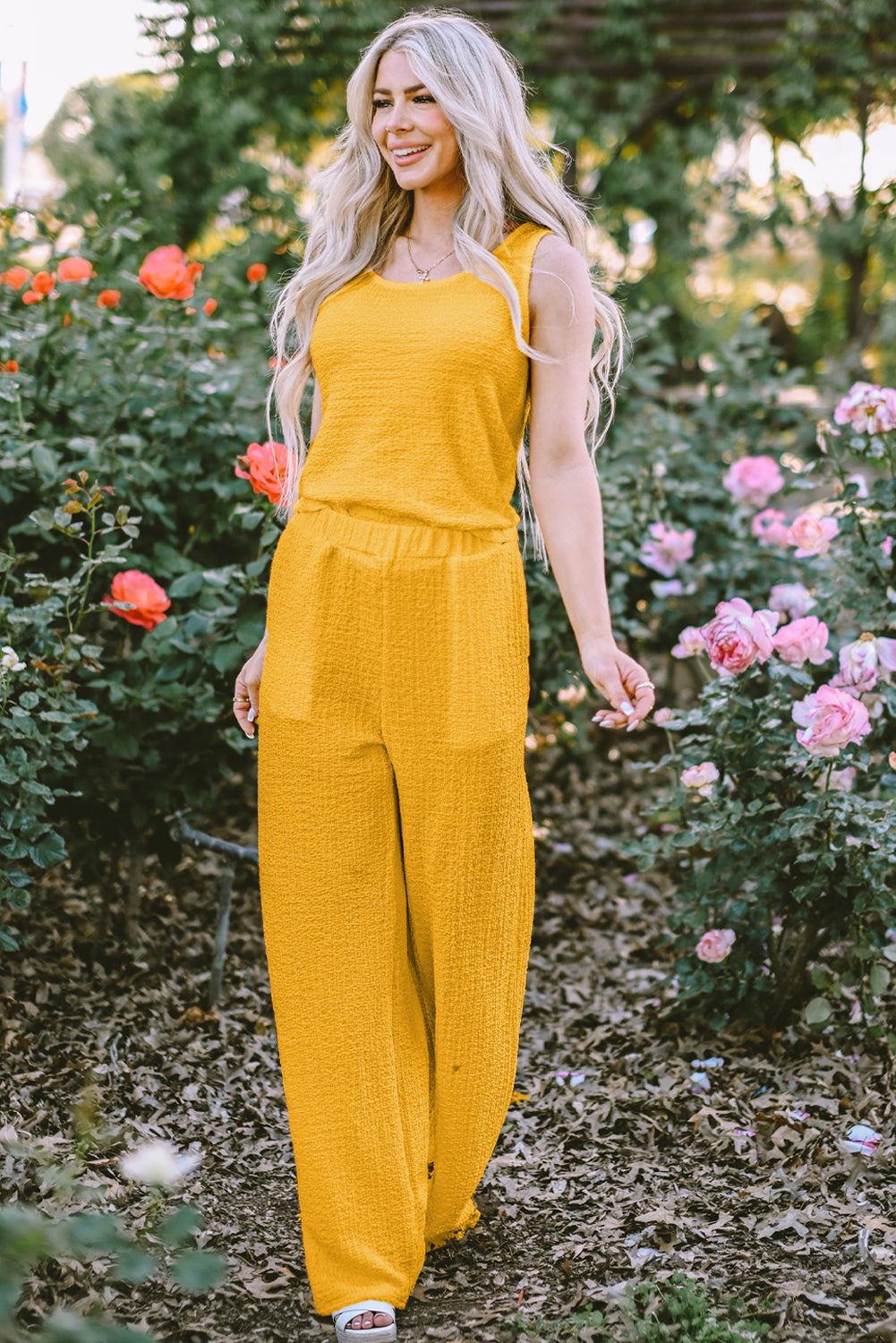 Black Crinkled U Neck Tank Top and Wide Leg Pants Set