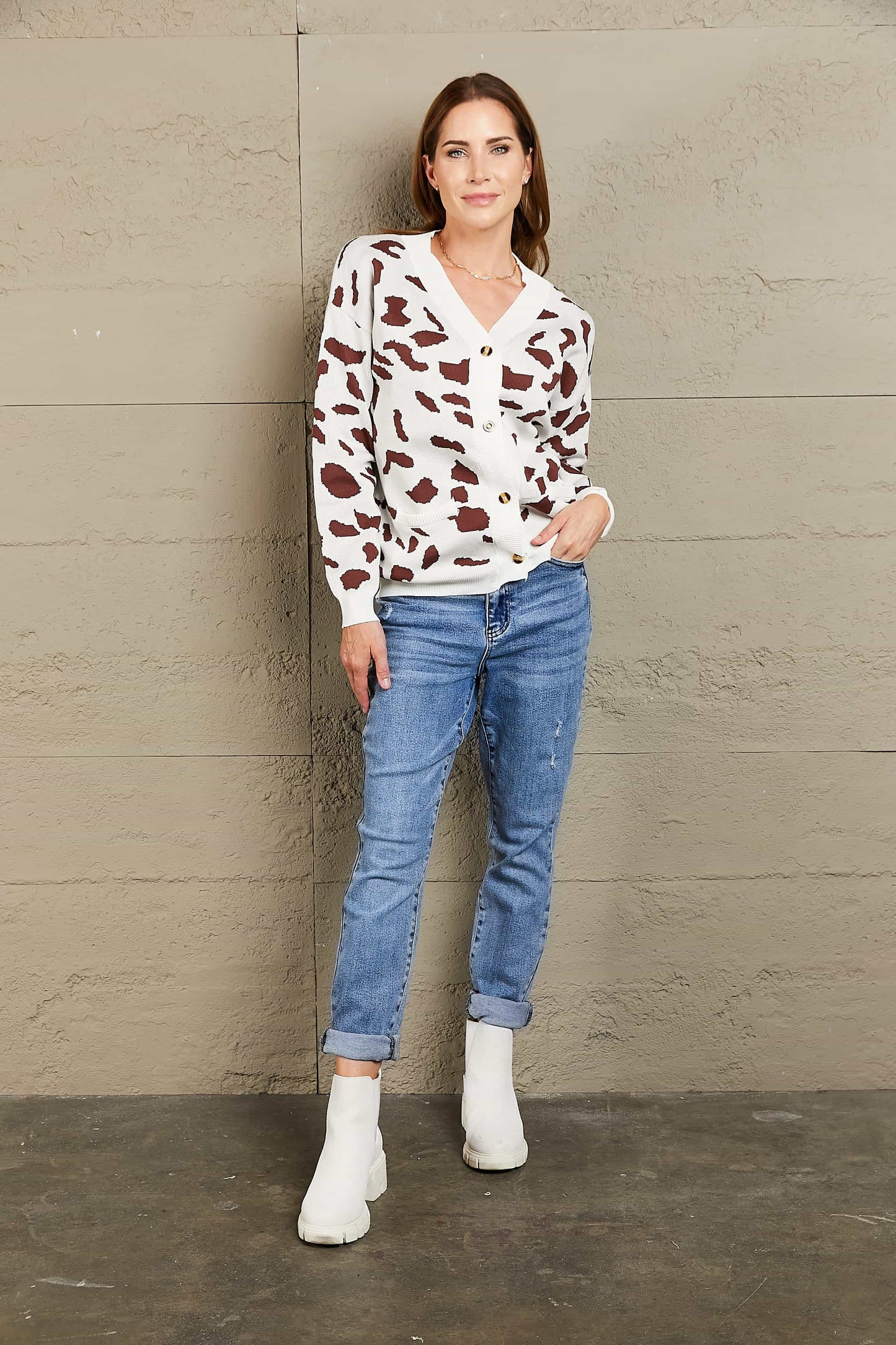 Perfee Woven Right Animal Print Button Front Sweater Cardigan