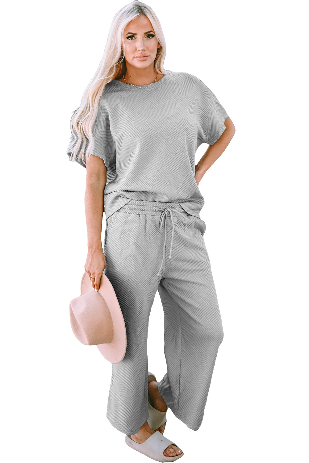 Strawberry Pink Textured Loose Fit T Shirt and Drawstring Pants Set