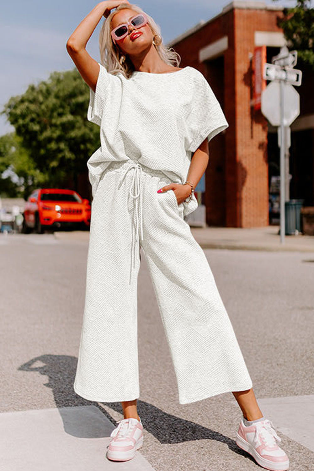 Strawberry Pink Textured Loose Fit T Shirt and Drawstring Pants Set