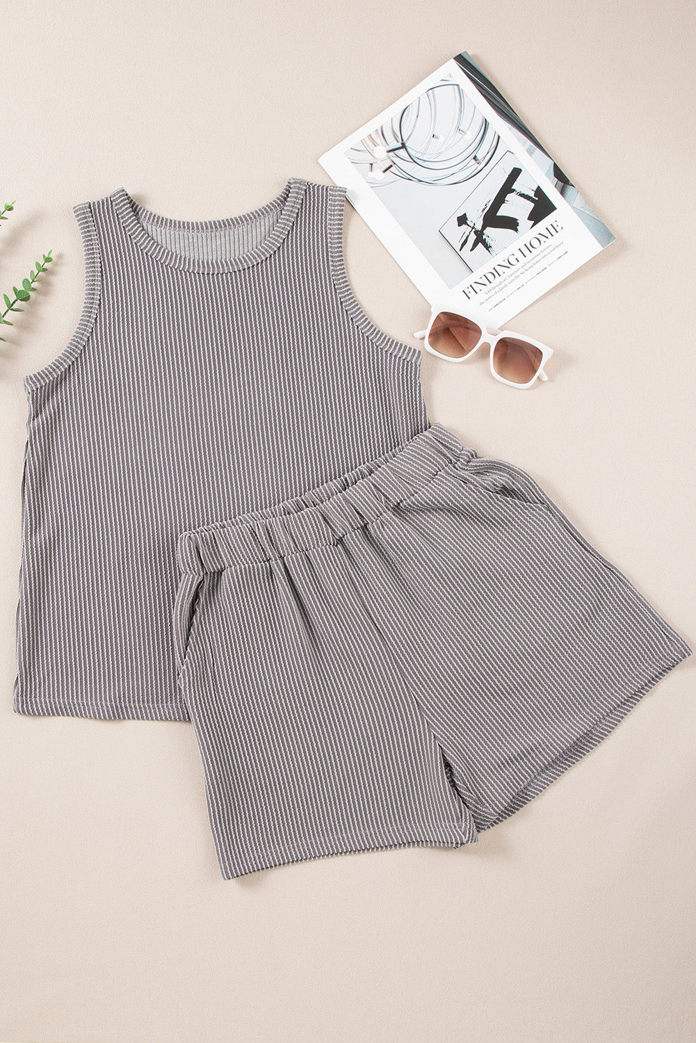 Smoke Gray Corded Sleeveless Top and Pocketed Shorts Set