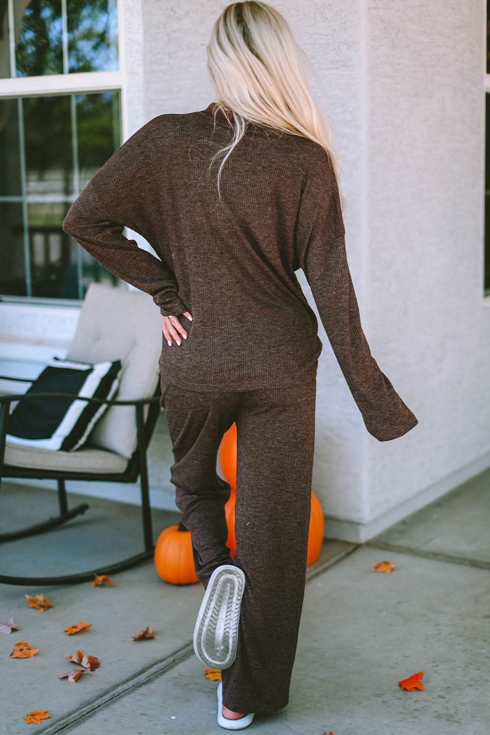 Black Ribbed Knit Collared Henley Top and Pants Lounge Outfit