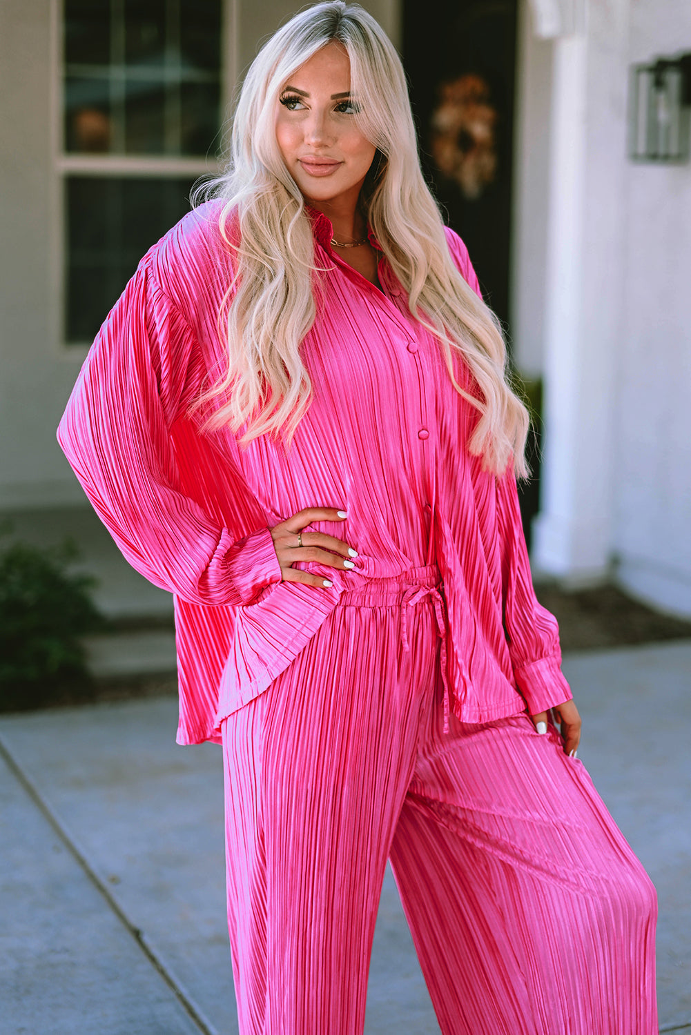 Black Pleated Long Sleeve Shirt and Wide-Leg Pants Set