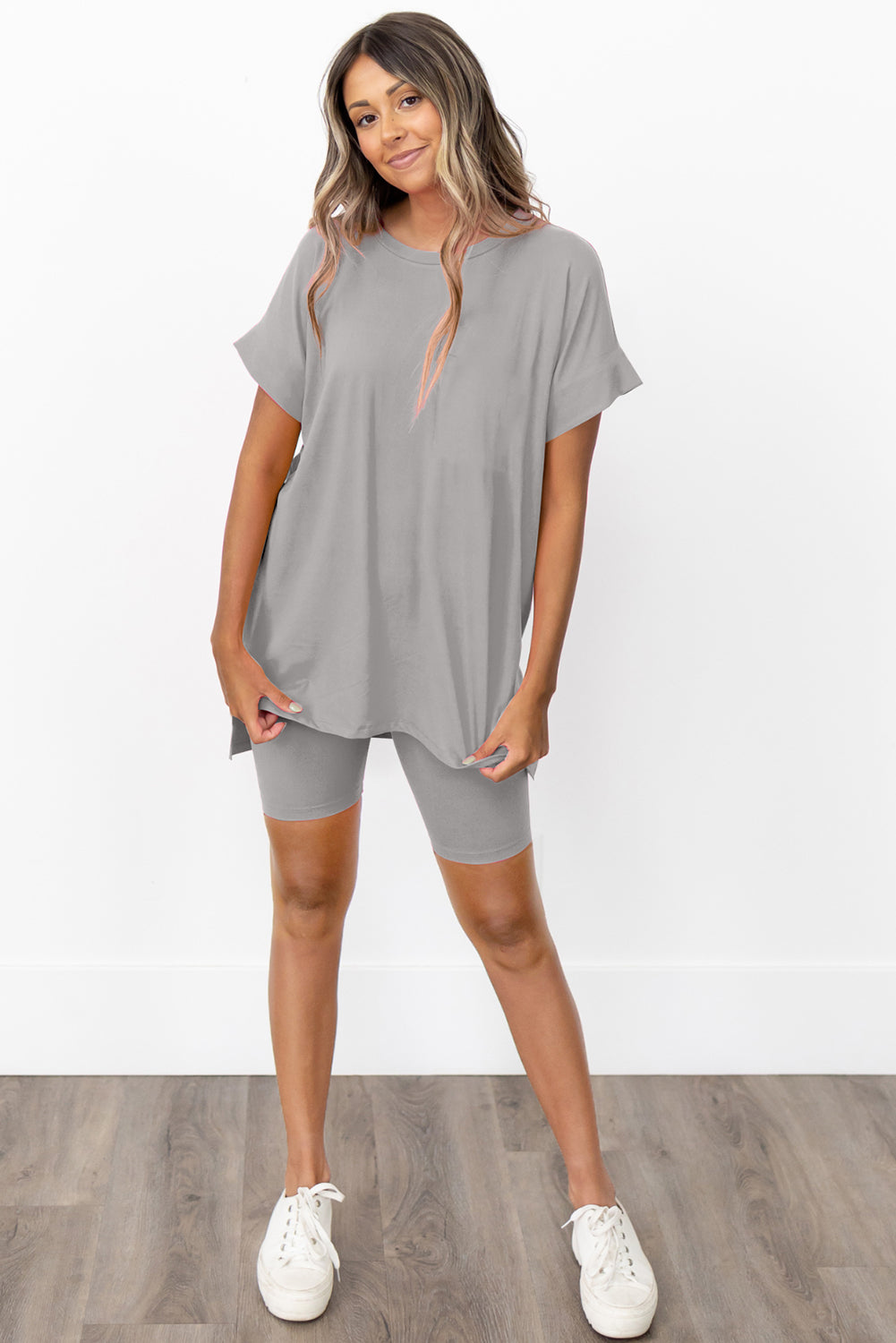 Spinach Green Solid Split Hem Tunic Tee and Tight Shorts Set