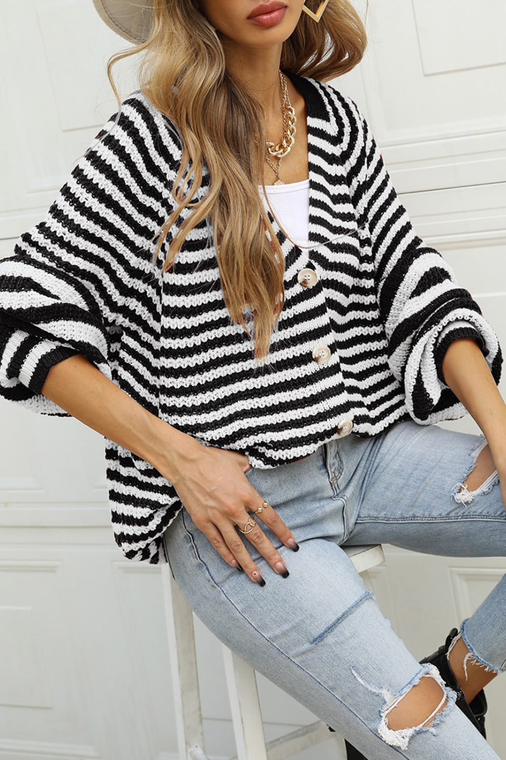 Angel Wings Striped Button Up Long Sleeve Cardigan