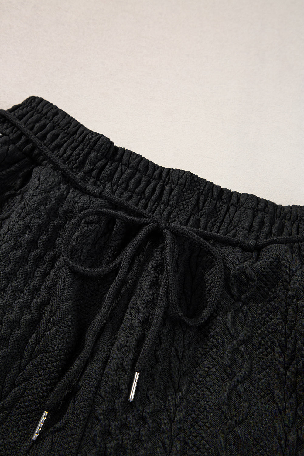 Black Contrast Trim Cable Textured Shorts Set