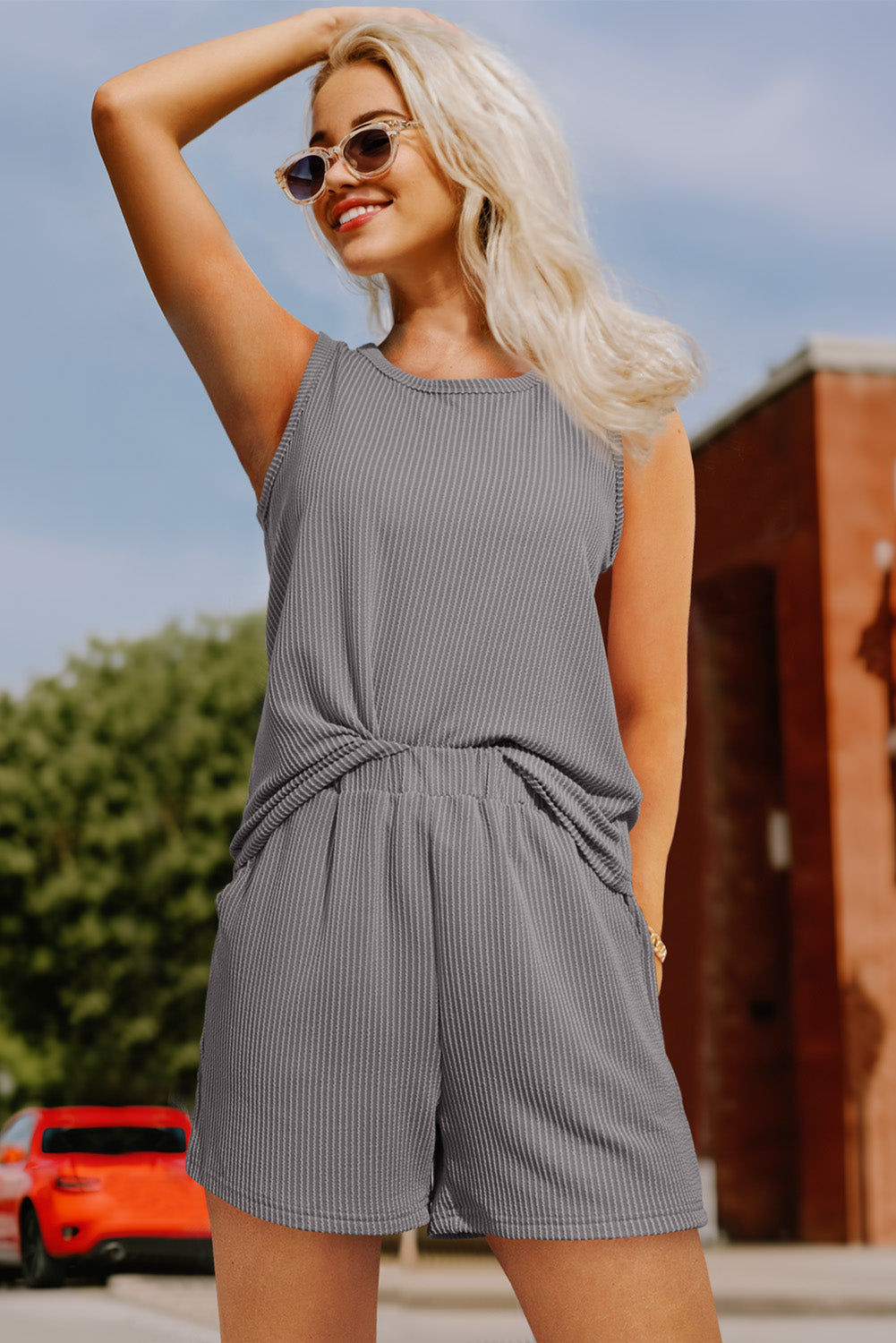 Smoke Gray Corded Sleeveless Top and Pocketed Shorts Set