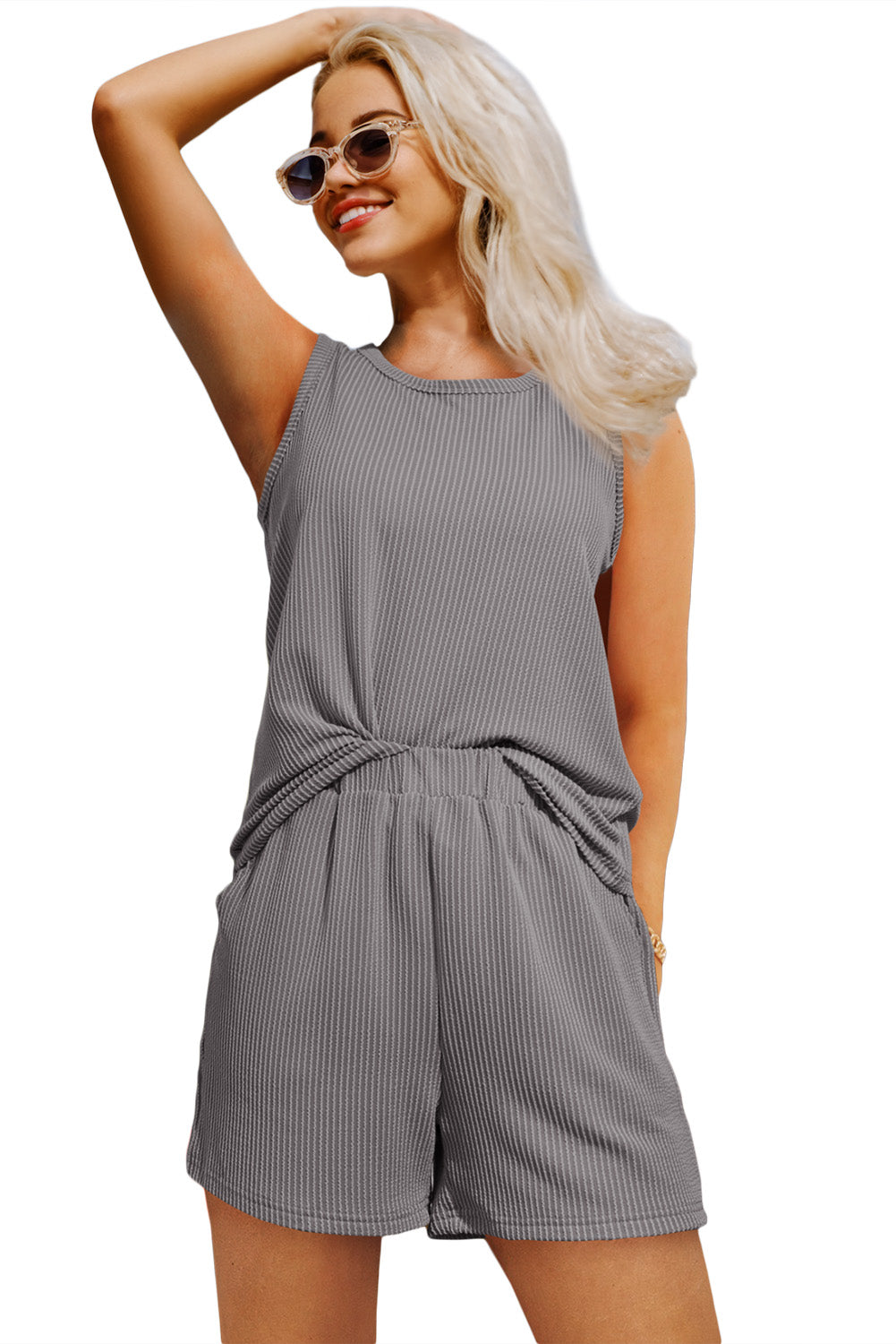 Smoke Gray Corded Sleeveless Top and Pocketed Shorts Set