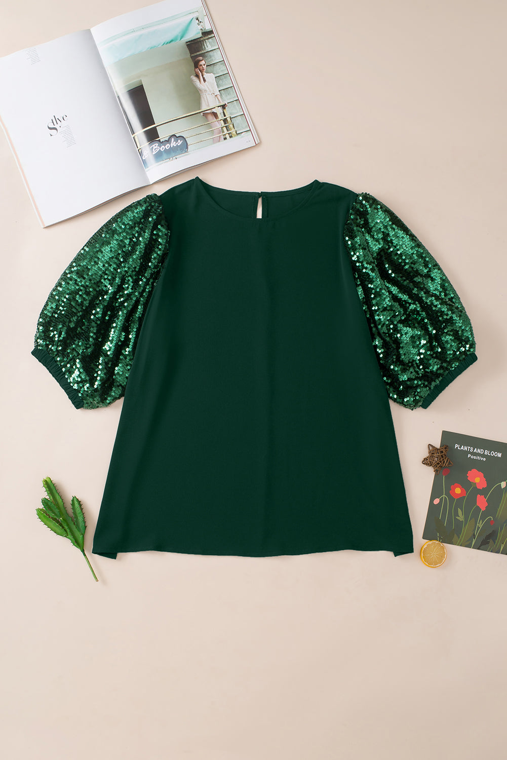 Blackish Green Plus Size Sequin Short Puff Sleeve Top