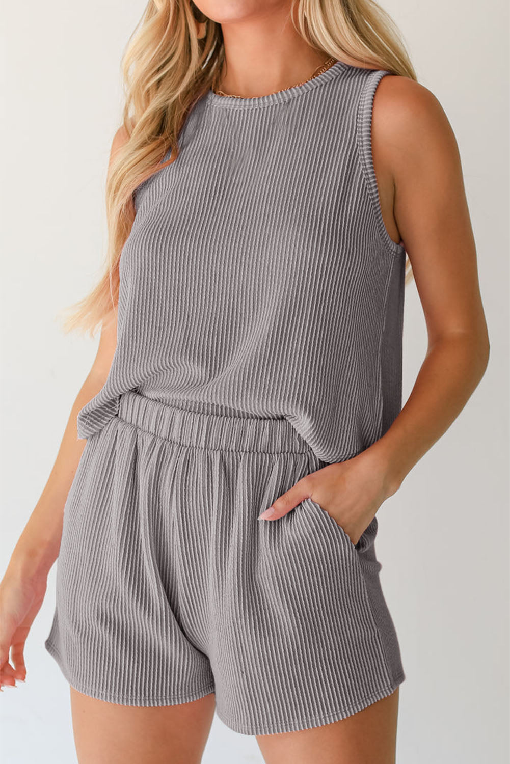 Smoke Gray Corded Sleeveless Top and Pocketed Shorts Set