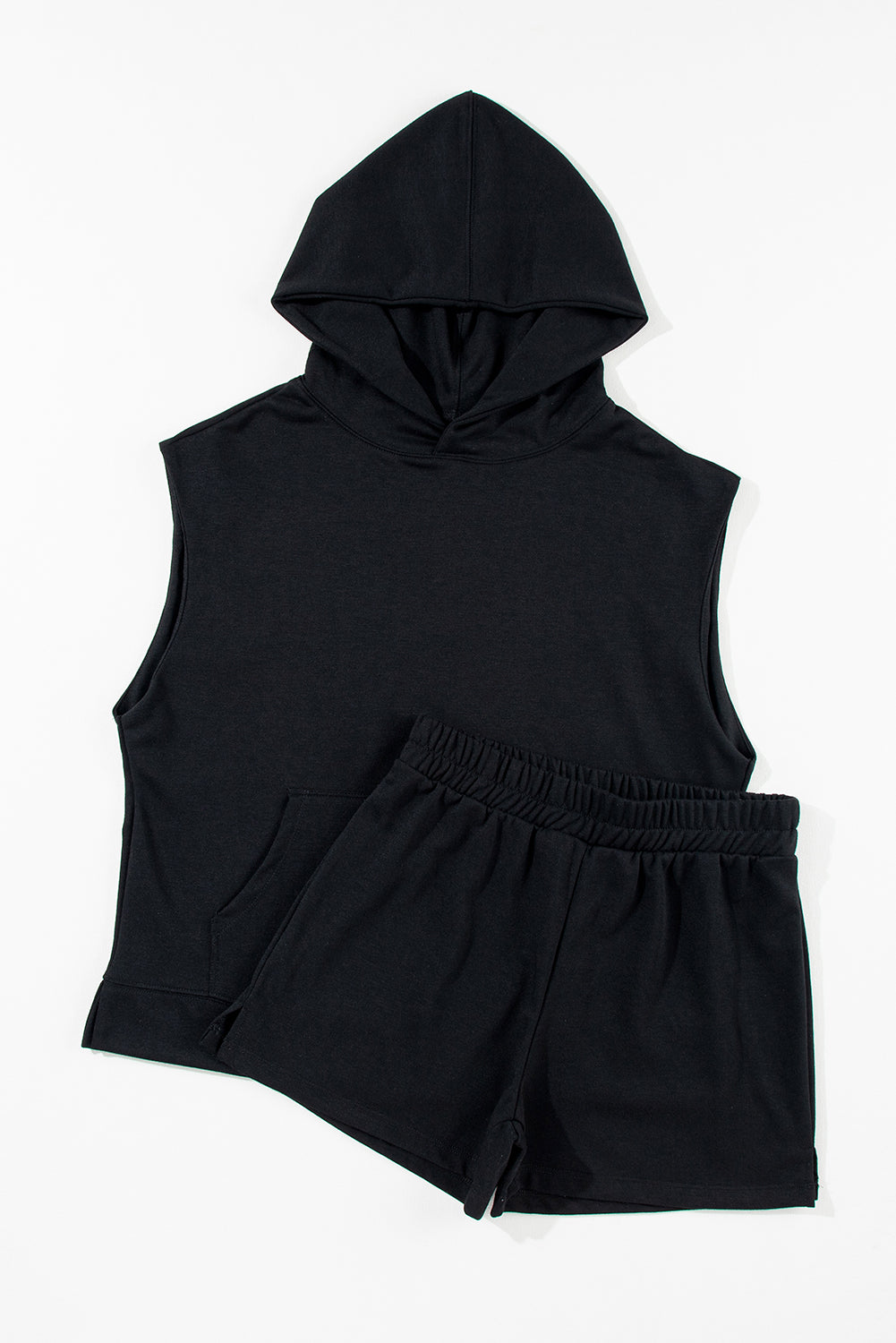 Black Solid Color Sleeveless Hoodie and Shorts Set