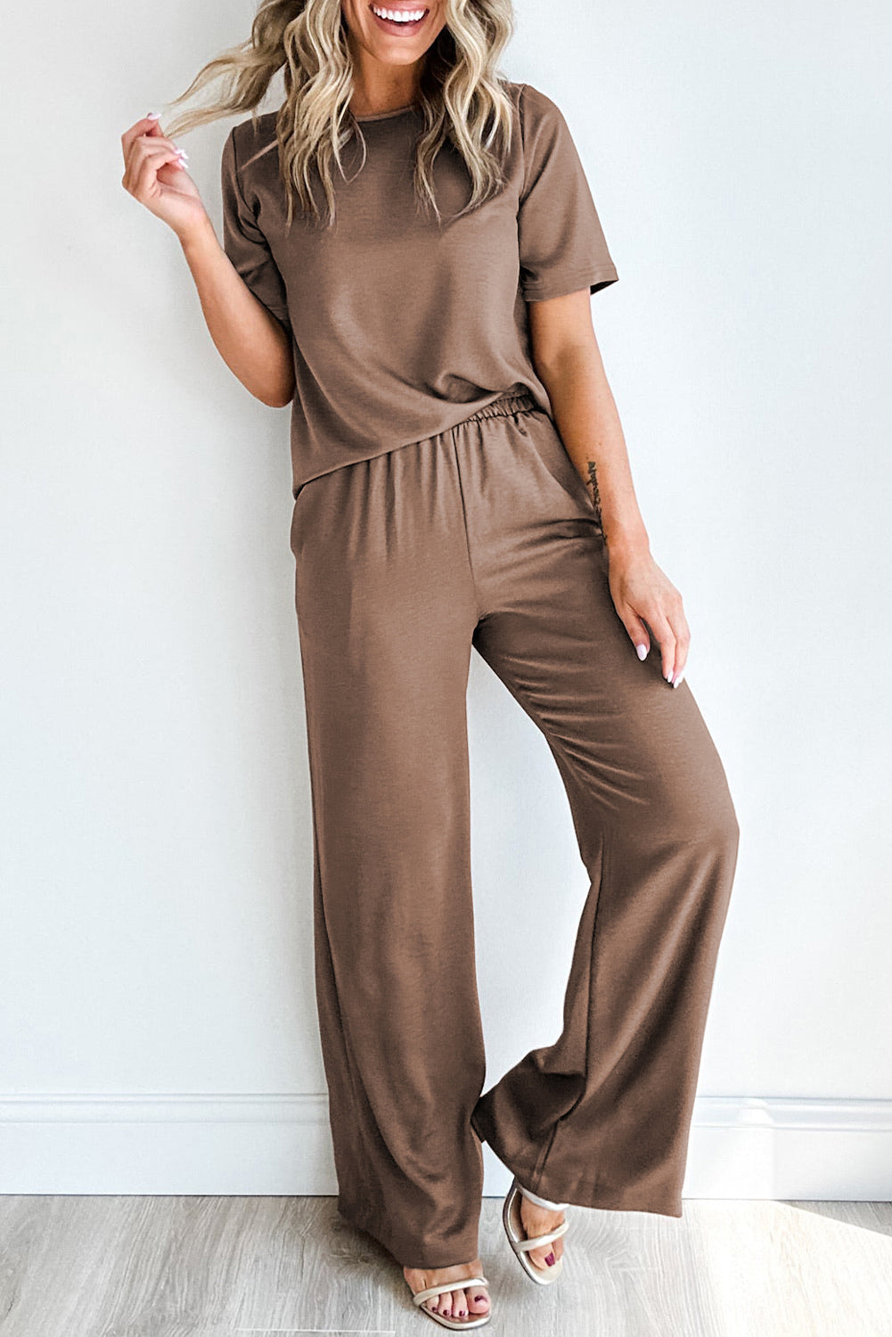 Black Solid Color T Shirt 2pcs Wide Leg Pants Set