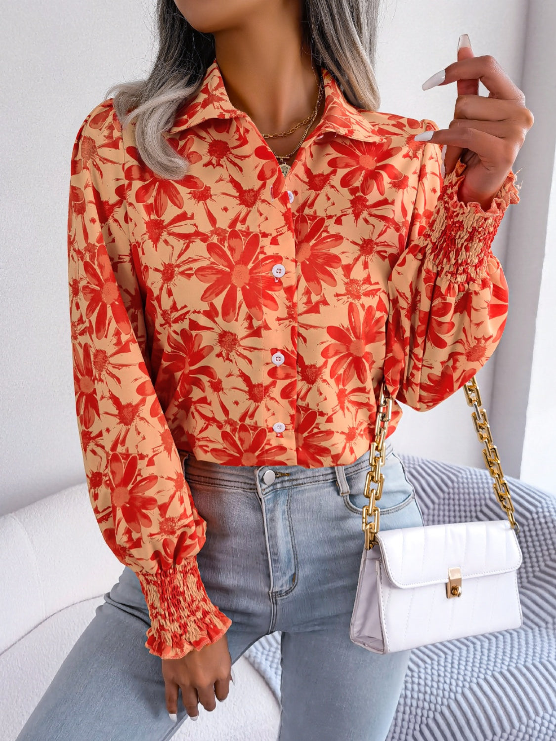 Floral Collared Neck Long Sleeve Shirt