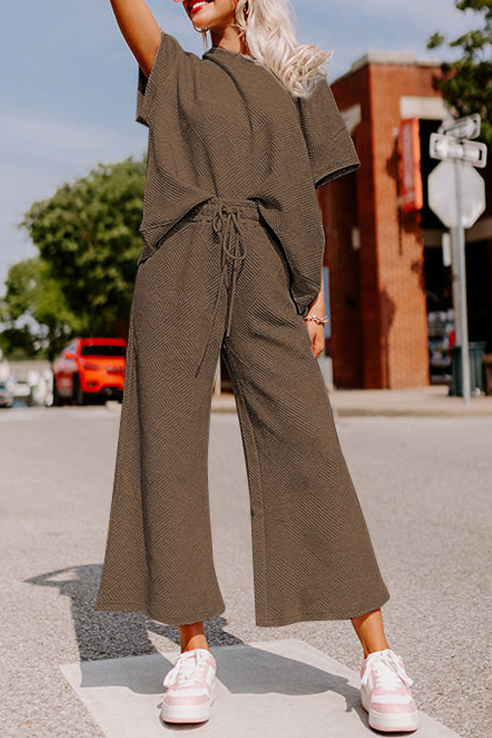 Strawberry Pink Textured Loose Fit T Shirt and Drawstring Pants Set