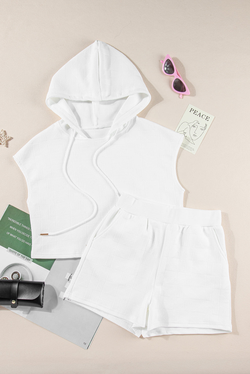 White Textured Cropped Hoodie and Shorts Set