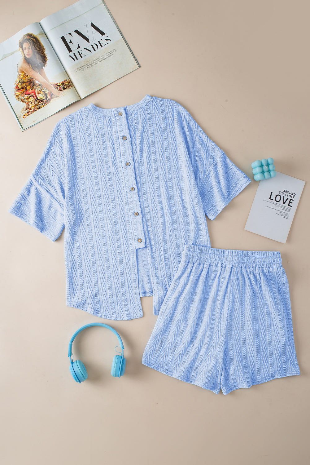 Beau Blue Textured Buttoned Slit Back Tee Shorts Set