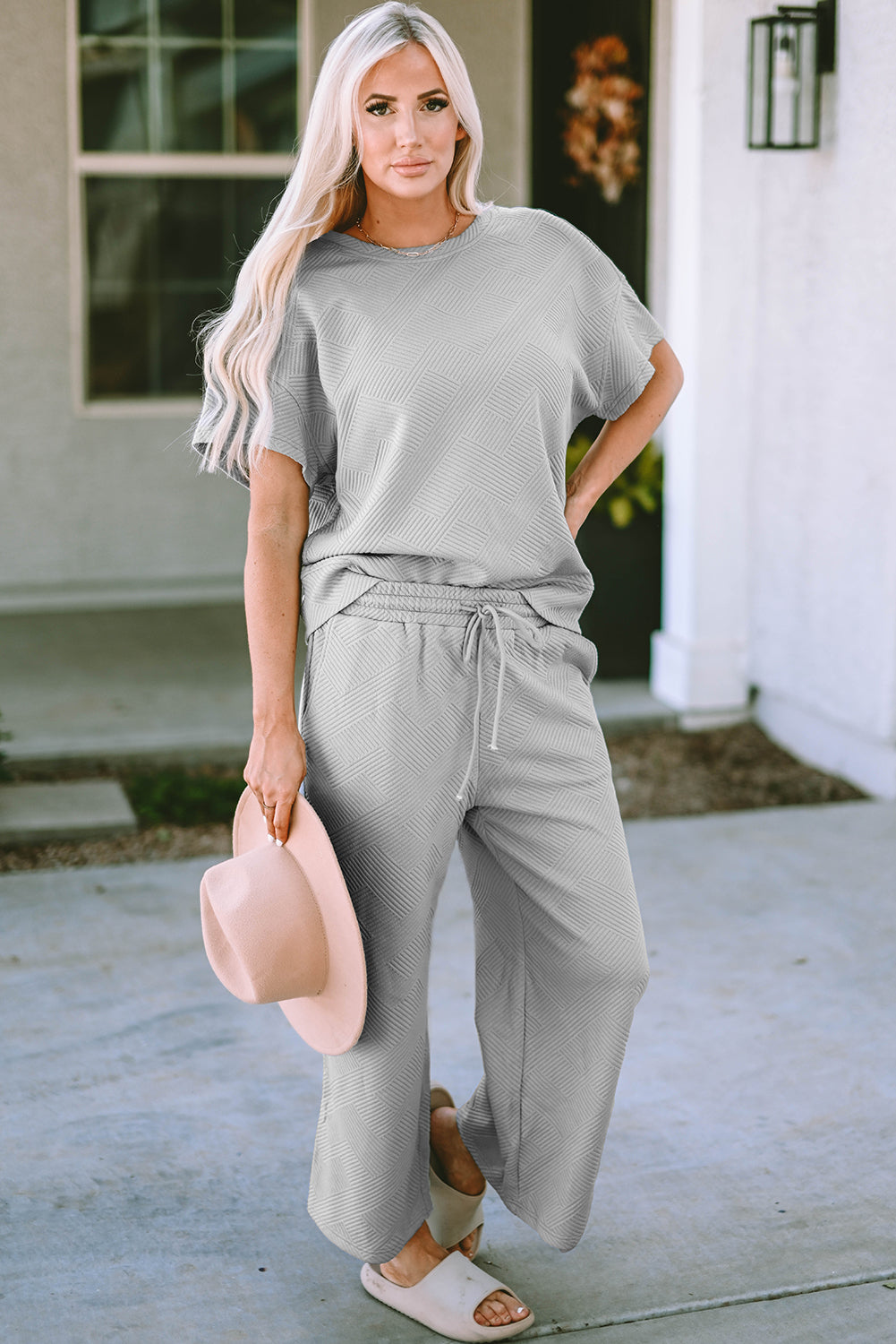 Strawberry Pink Textured Loose Fit T Shirt and Drawstring Pants Set