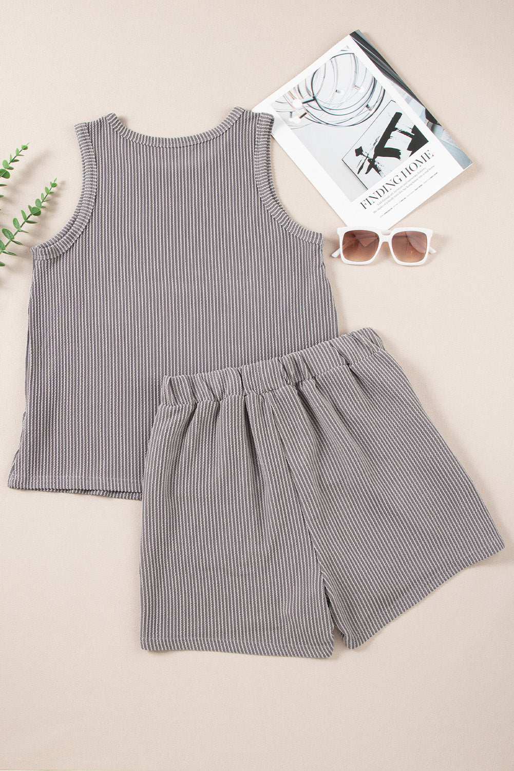 Smoke Gray Corded Sleeveless Top and Pocketed Shorts Set