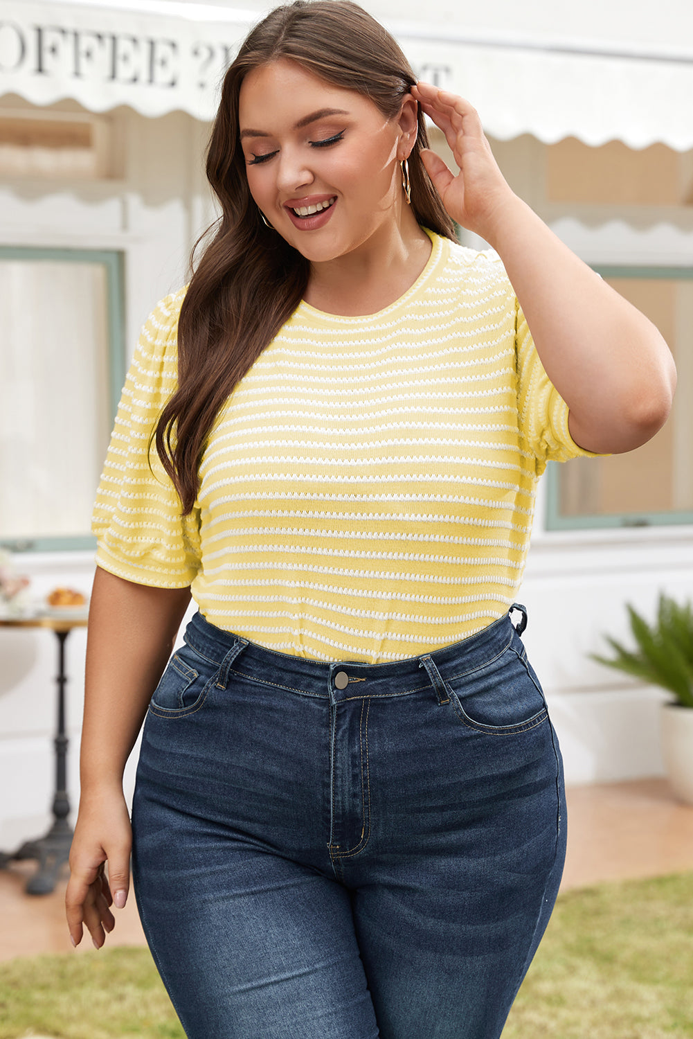 Yellow Stripe Short Puff Sleeve Plus Size Jumper