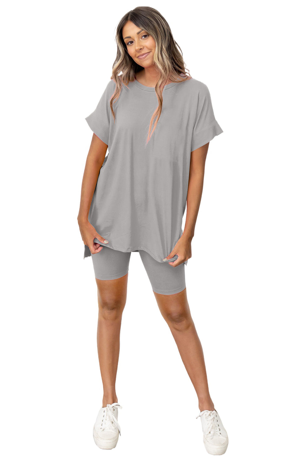 Spinach Green Solid Split Hem Tunic Tee and Tight Shorts Set