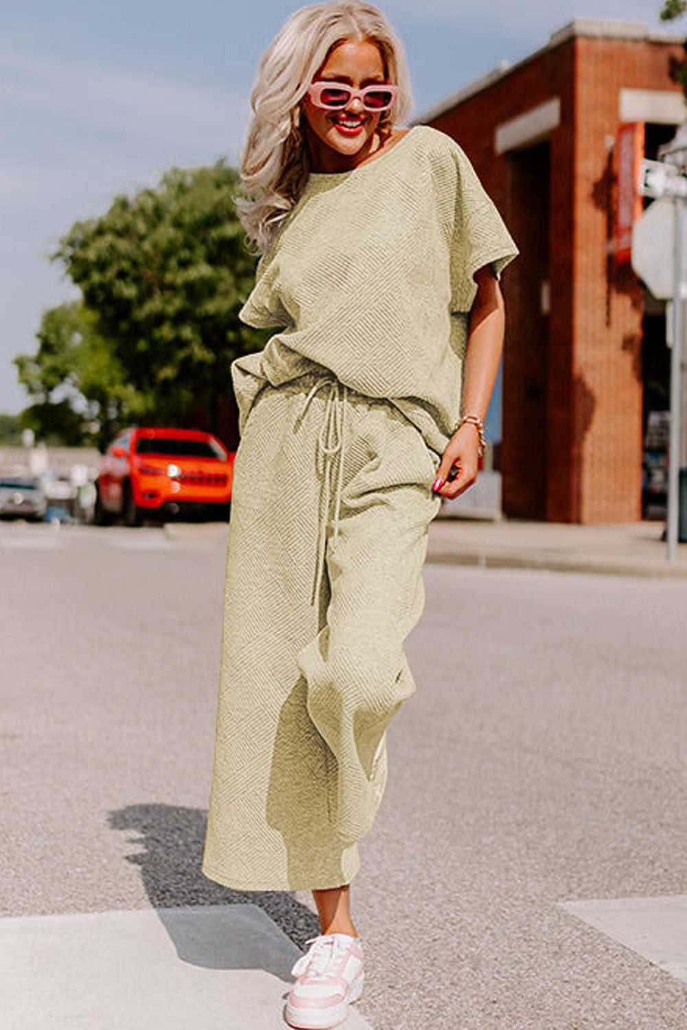 Strawberry Pink Textured Loose Fit T Shirt and Drawstring Pants Set