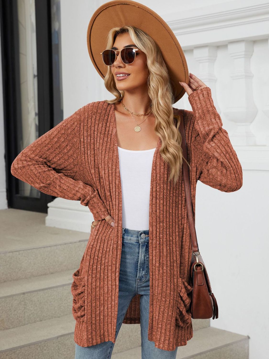 Pocketed Open Front Long Sleeve Cardigan