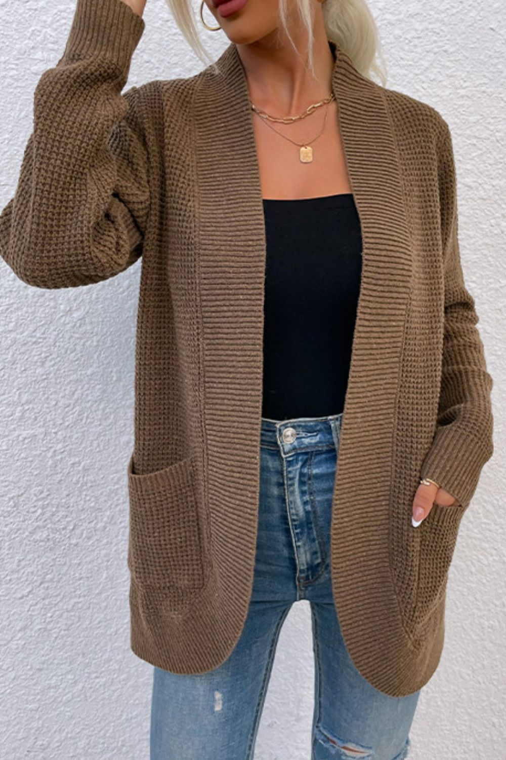 Open Front Rib-Knit Cardigan with Pockets