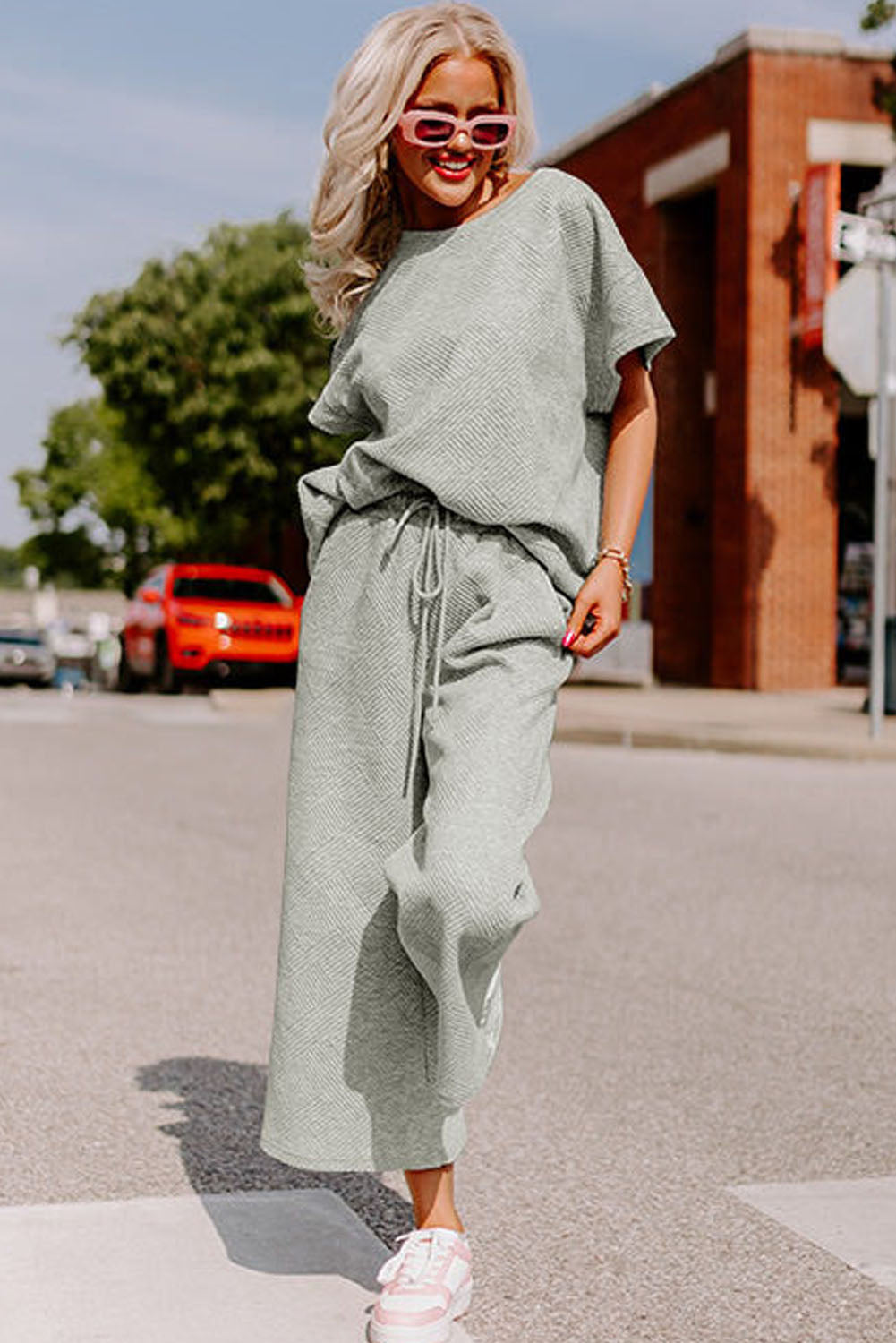 Strawberry Pink Textured Loose Fit T Shirt and Drawstring Pants Set