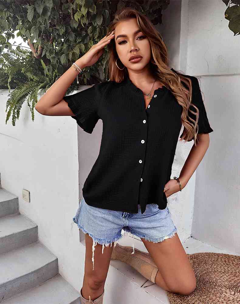 V-Neck Frill Trim Flounce Sleeve Shirt