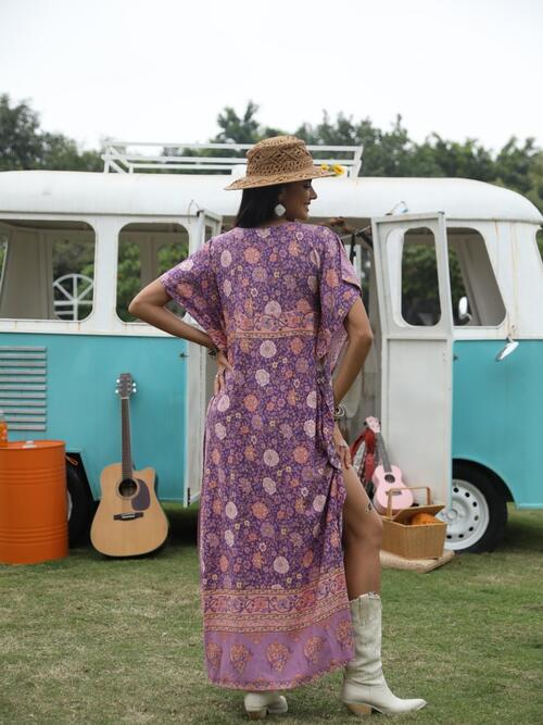 Printed Tie Neck Short Sleeve Dress