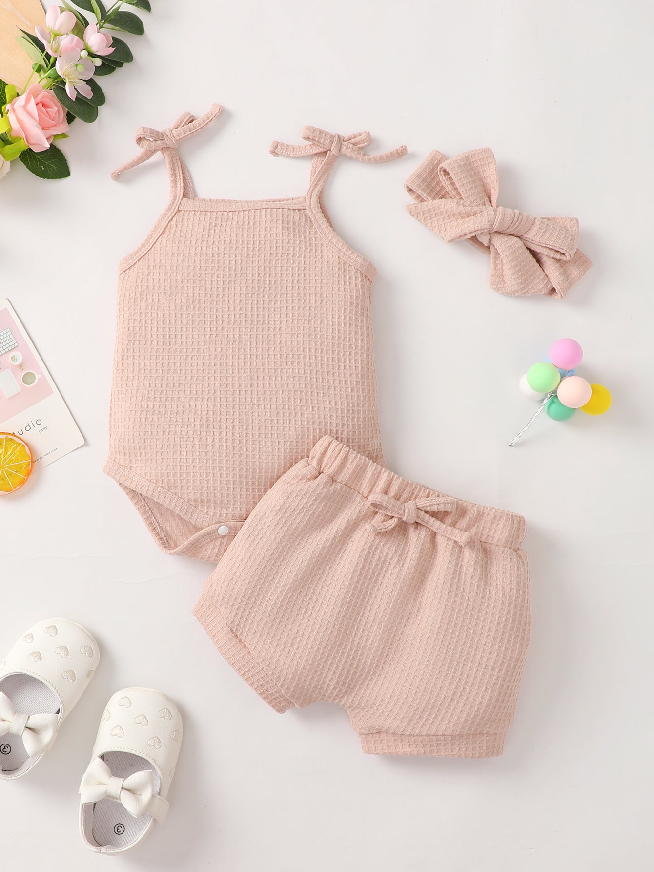 Baby Girl Waffle-Knit Tie-Shoulder Top and Shorts Set