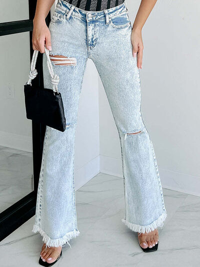 Distressed Raw Hem Flare Jeans