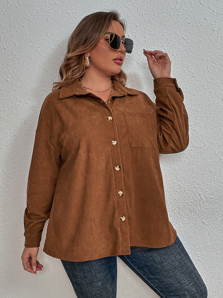 Plus Size Collared Neck Long Sleeve Shirt