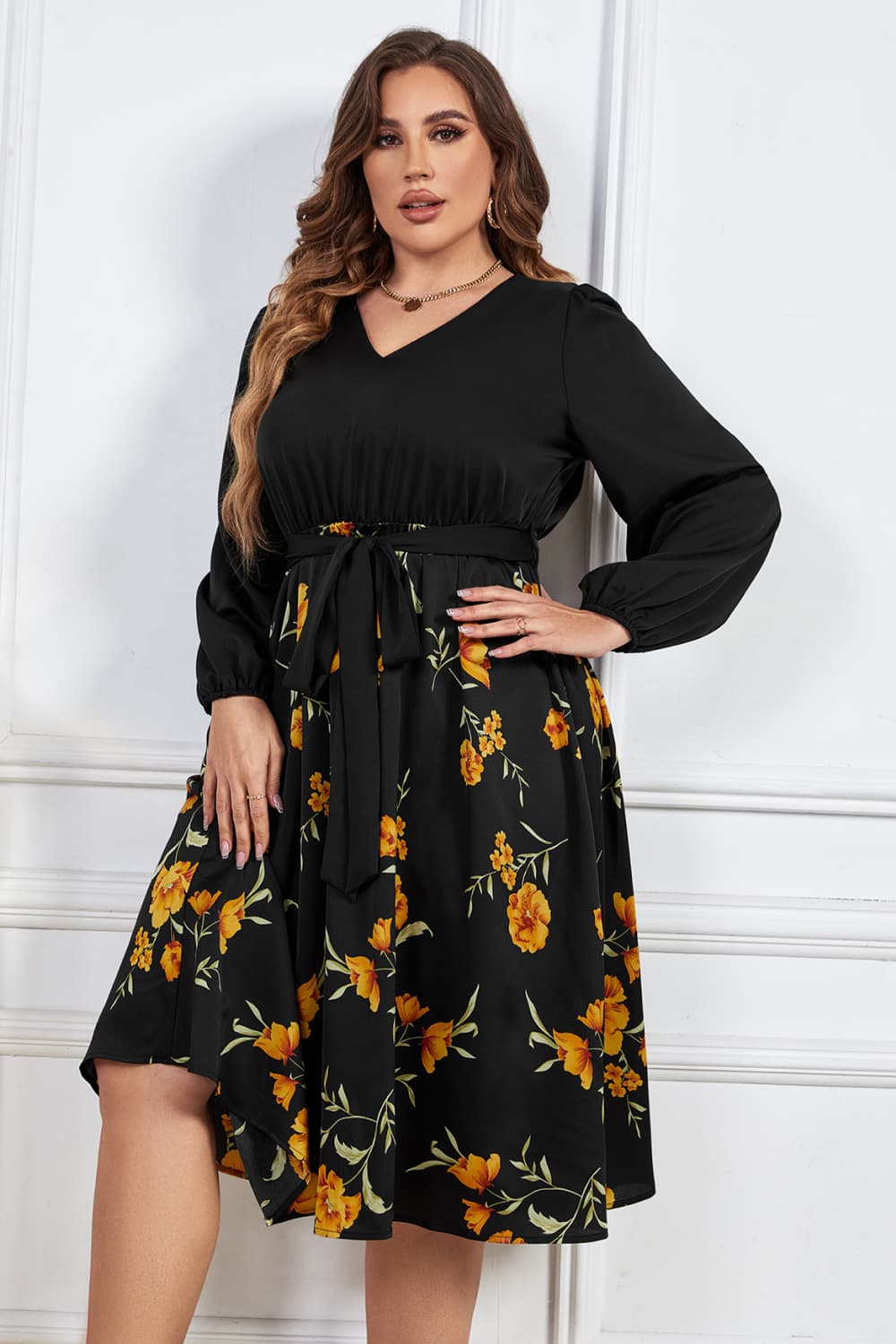 Melo Apparel Plus Size Floral Print Tie Belt V-Neck Balloon Sleeve Midi Dress