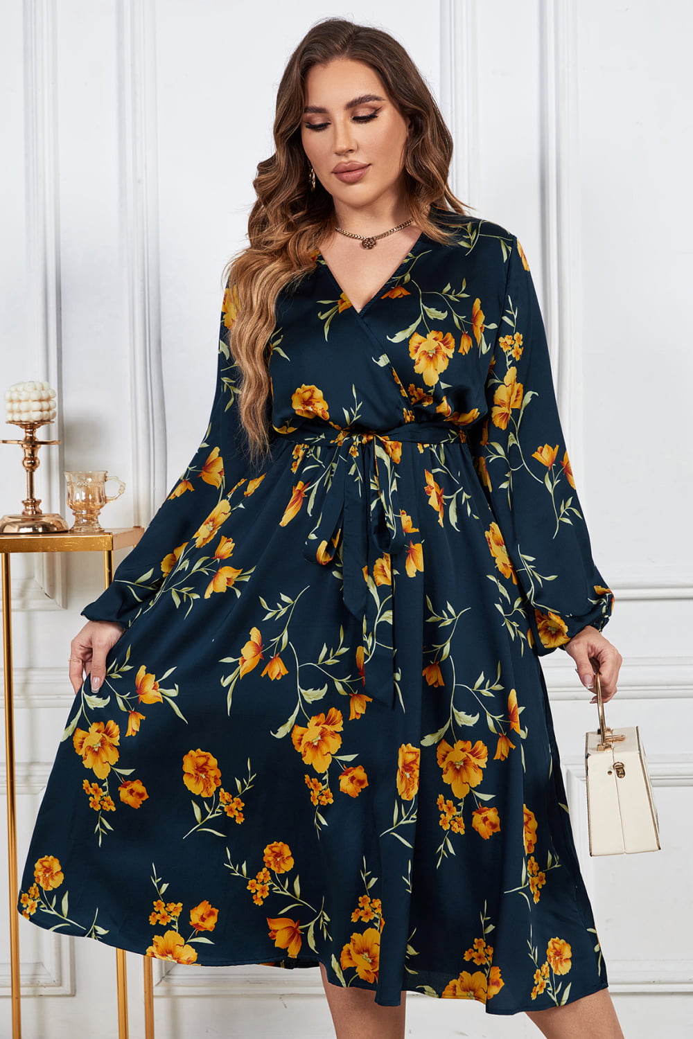 Melo Apparel Plus Size Floral Print Surplice Neck Midi Dress