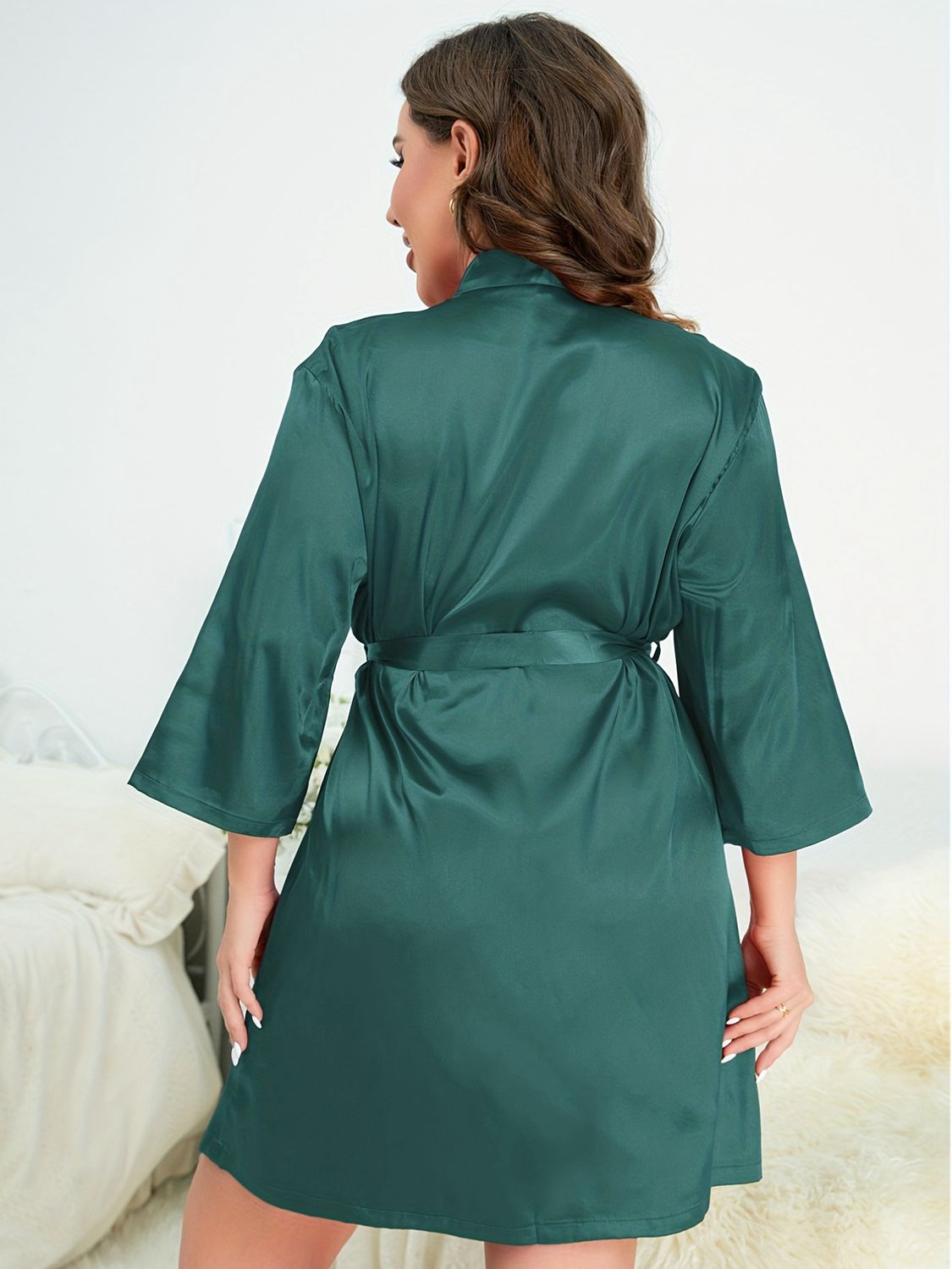 Plus Size Surplice Neck Tie Waist Robe