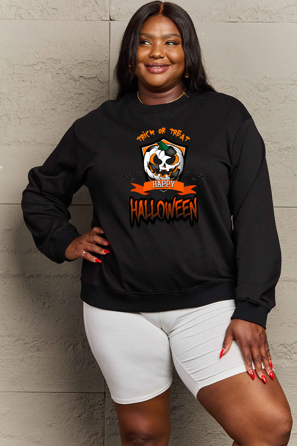 Simply Love Full Size TRICK OR TREAT HAPPY HALLOWEEN Graphic Sweatshirt