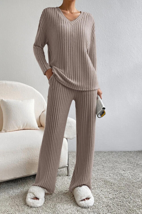 Ribbed V-Neck Top and Pants Set