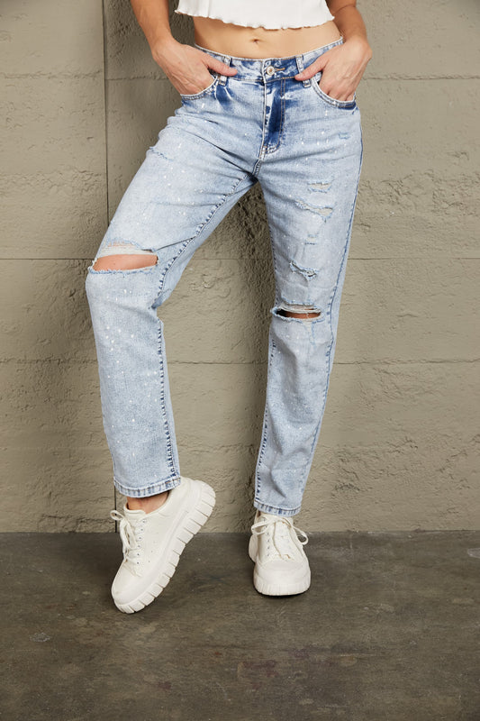 Baeful Splatter Distressed Acid Wash Jeans with Pockets