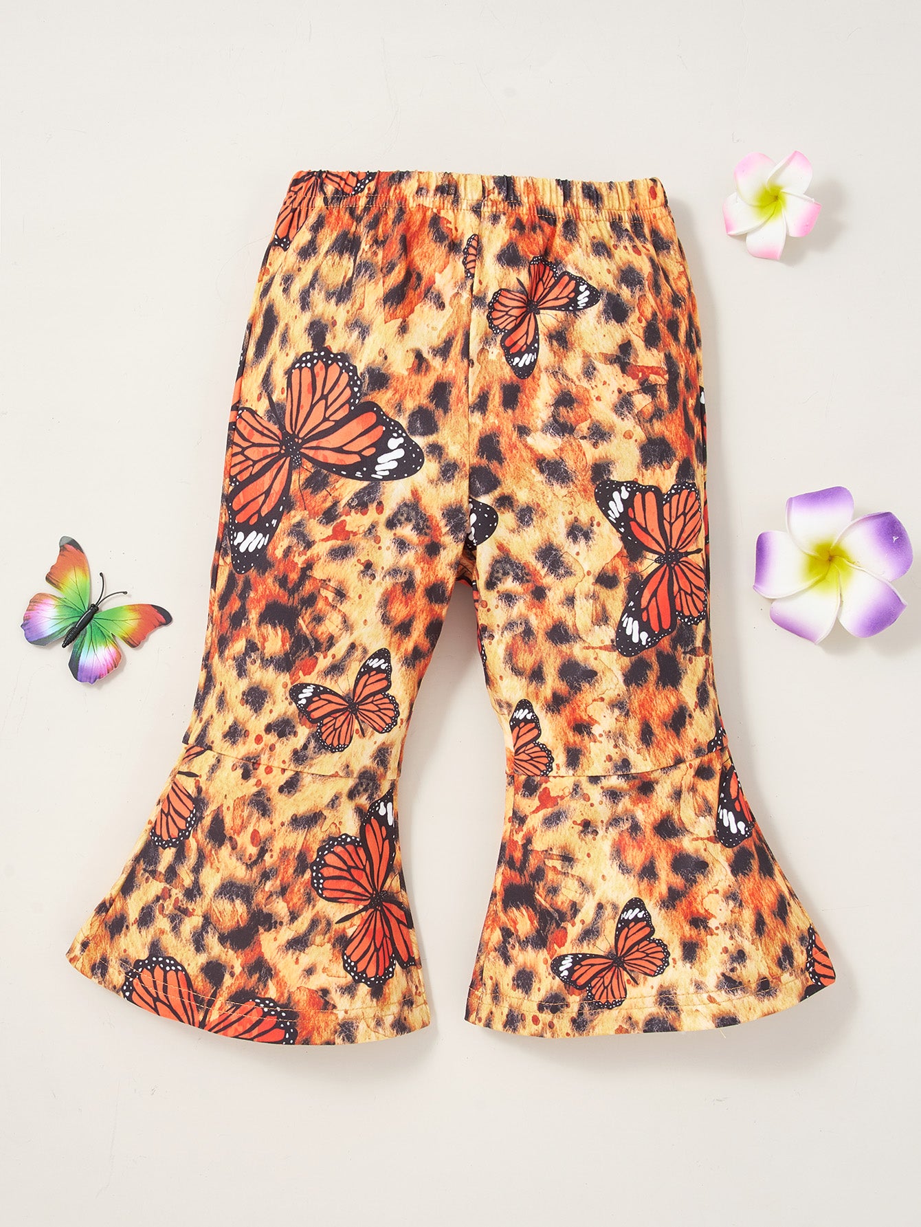 Butterfly Print Cropped Tank Top and Long Leopard Print Flare Pants Set