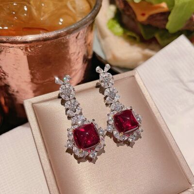 Platinum-Plated Artificial Gemstone Dangle Earrings